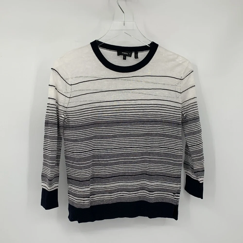 Theory Rainee P lightweight linen blend sweater black white stripe nubby Small